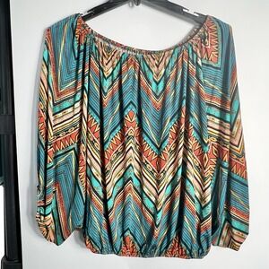 Emma Rose Womens Size M Multicolor Chevron Tribal‎ Print Blouson Peasant Top